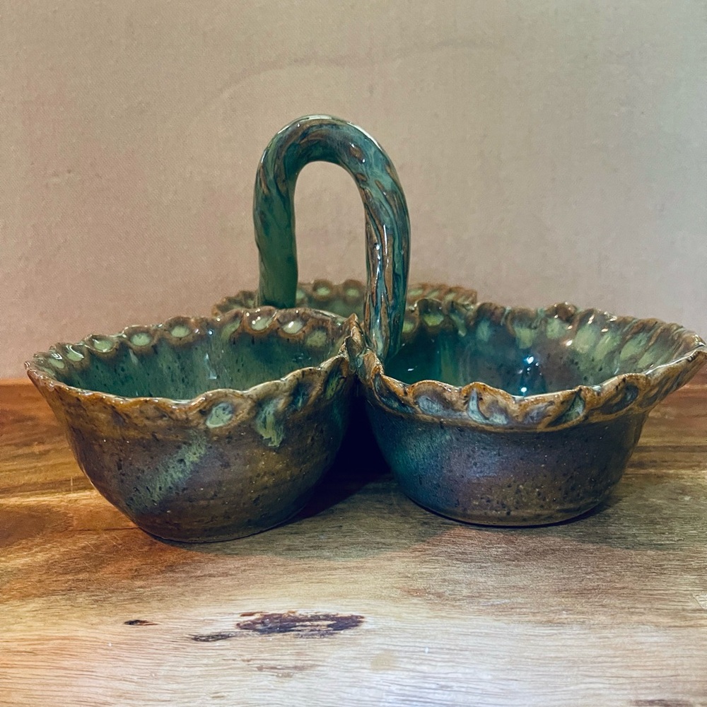 Martha Deloach signed pottery condiment dish in shades of tan bluegreen & purple